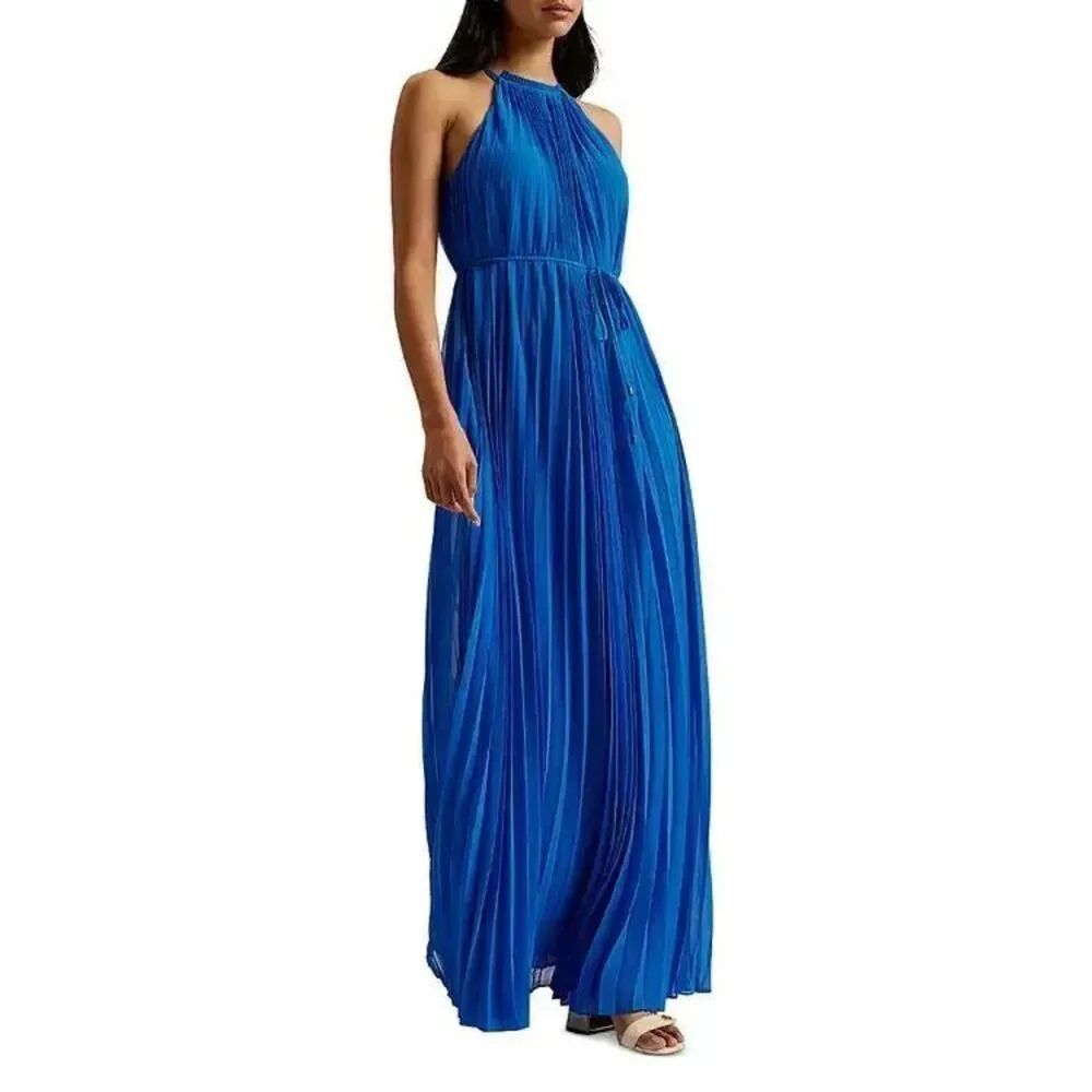 TED BAKER LONDON Helyos Pleated Halter Neck Maxi Dress Azure Blue 6